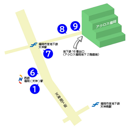 西鉄福岡(天神)駅 北出口からのルート マップ