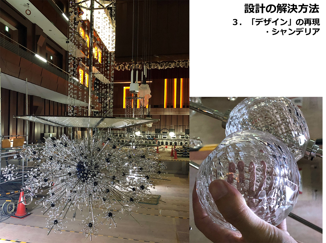 取り外されたシャンデリア。ひとつひとつ分解され、磨き直された 資料提供：日本設計